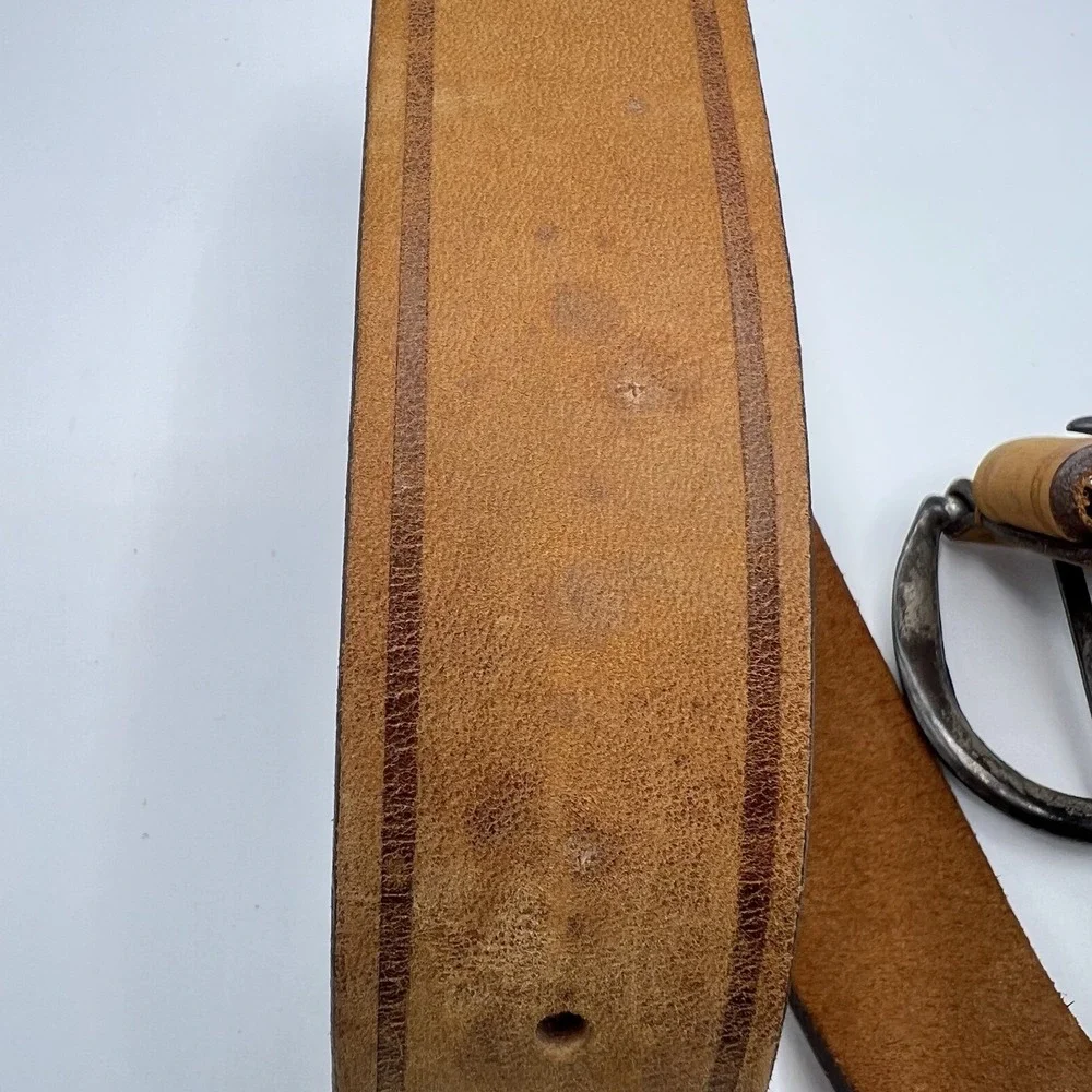 VTG USA Made Guess Distressed Leather Belt Triangle Metal Logo Small Tan/Brown